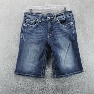 Miss Me Shorts Womens 28 Blue Bermuda 10" Flap Pockets Stretch Denim